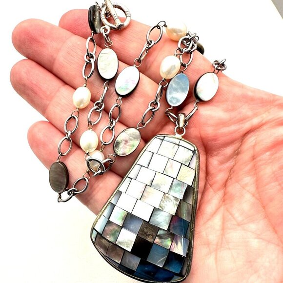 Womens Necklace Sterling Silver Inlay Pearl Pendant LUC 925 Designer - Picture 2 of 6